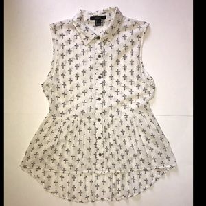 Forever 21 Ivory/Bone High Low Cross Print Shirt